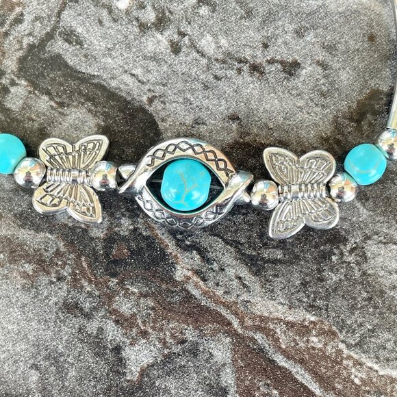 Butterfly Bracelet Turquoise Stone Beads and Silver Alloy Women Sz 6.5 to 9 in - Picture 5 of 9
